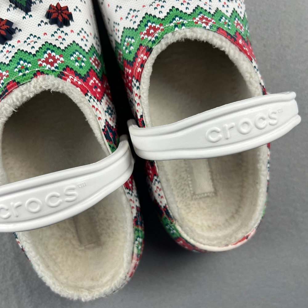 Crocs Classic Lined Clog Mens 13 White Fair Isle Holiday Christmas Pixel Jibbitz - Picture 4 of 16